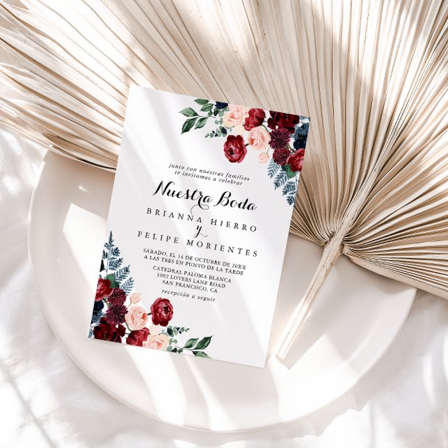 Burgundy Pink Navy Floral Nuestra Boda Wedding Invitation (Creator Uploaded)