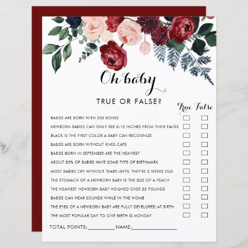 Burgundy Pink Navy Floral Oh Baby Shower Game
