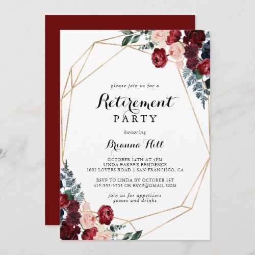 Burgundy Pink Navy Floral Retirement Party  Invitation