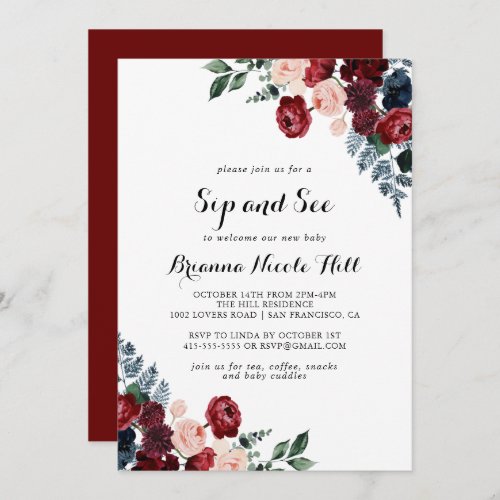 Burgundy Pink Navy Floral Sip and See  Invitation