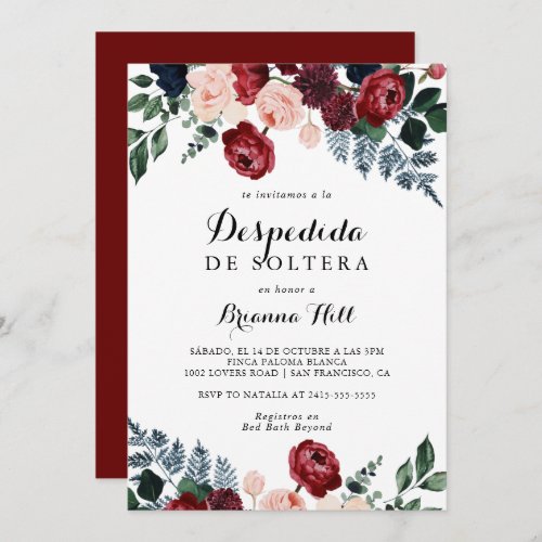 Burgundy Pink Navy Floral Spanish Bridal Shower  Invitation