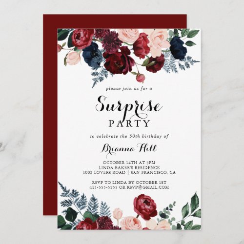 Burgundy Pink Navy Floral Surprise Party Invitation