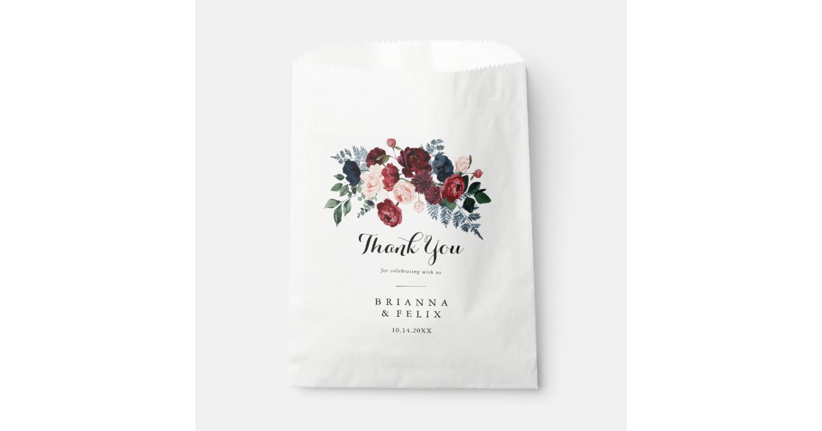 Burgundy Pink Navy Floral Thank You Wedding Favor Bag | Zazzle