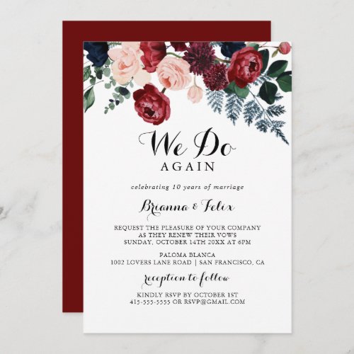 Burgundy Pink Navy Floral We Do Again Vow Renewal  Invitation