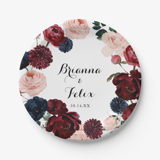 Burgundy Pink Navy Floral Wedding Cake  Paper Plates (Front)