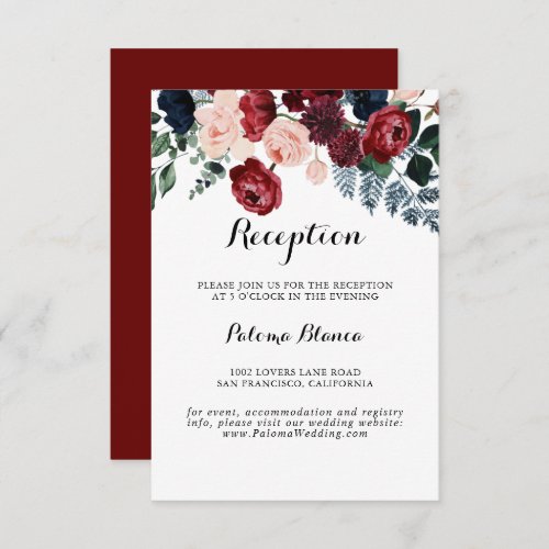 Burgundy Pink Navy Floral Wedding Reception  Enclosure Card