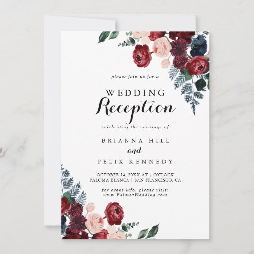 Burgundy Pink Navy Floral Wedding Reception Invitation | Zazzle