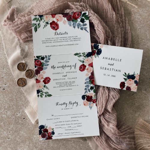 Burgundy Pink Navy Floral Wedding  Tri_Fold Invitation