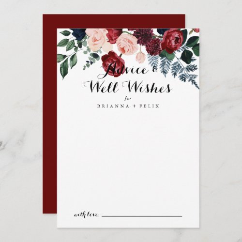Burgundy Pink Navy Floral Wedding Well Wishes  Advice Card
