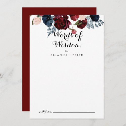 Burgundy Pink Navy Floral Wedding Words of Wisdom  Advice Card