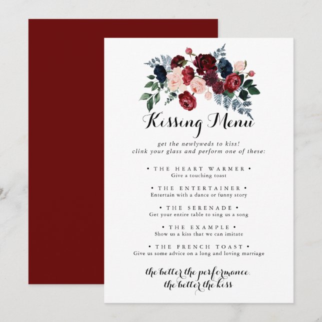 Burgundy Pink Navy Wedding Kissing Menu Game Card (Front/Back)