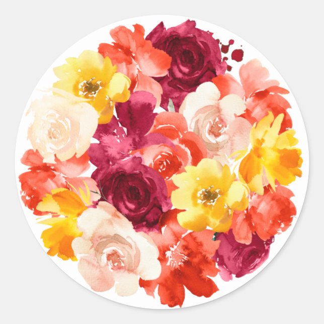 Burgundy Pink Orange Floral  Classic Round Sticker (Front)