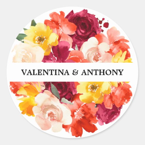 Burgundy Pink Orange Floral Fall Wedding Classic Round Sticker