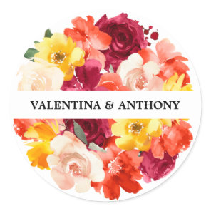 Burgundy Pink Orange Floral Fall Wedding Classic Round Sticker