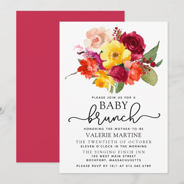 Burgundy Pink Orange Yellow Baby Brunch Invitation (Front/Back)