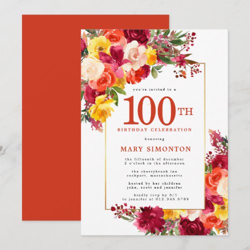 Burgundy Pink Orange Yellow Floral 100th Birthday