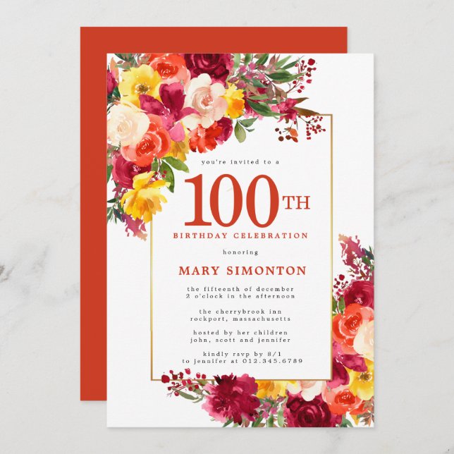 Burgundy Pink Orange Yellow Floral 100th Birthday Invitation (Front/Back)