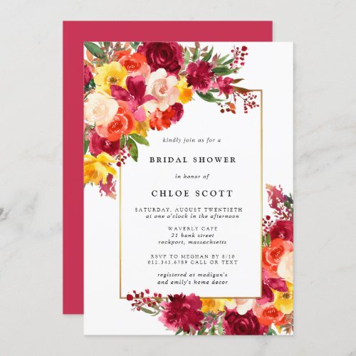 Burgundy Pink Orange Yellow Floral Bridal Shower I Invitation