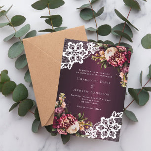 Burgundy pink peach floral lace wedding invitation