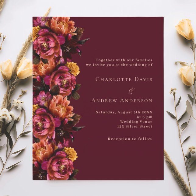 Burgundy pink peach floral wedding invitation (Creator Uploaded)