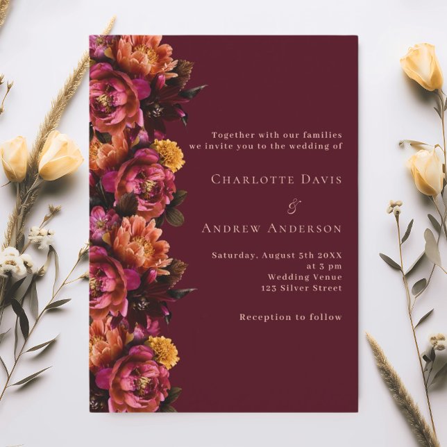 Burgundy pink peach floral wedding invitation (Creator Uploaded)