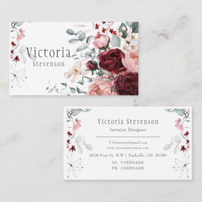 Burgundy Pink Peonies  Business Card (Front/Back)