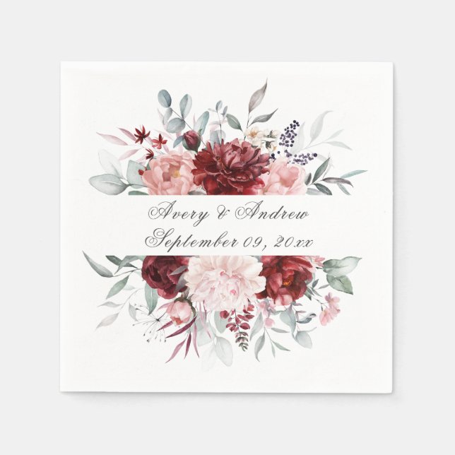Burgundy Pink Personalized Script Wedding Napkins (Front)
