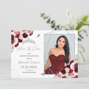 Burgundy Pink Photo Card Quinceañera Save The Date