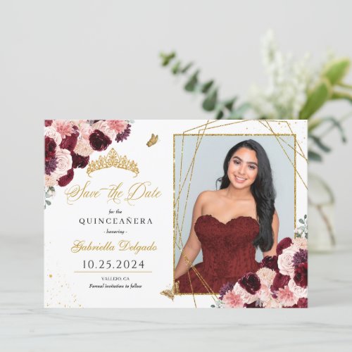 Burgundy Pink Photo Card Quinceaera Save The Date
