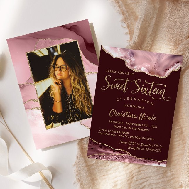 Burgundy Pink Purple Gold Agate Sweet 16 Photo Invitation (Creator Uploaded)