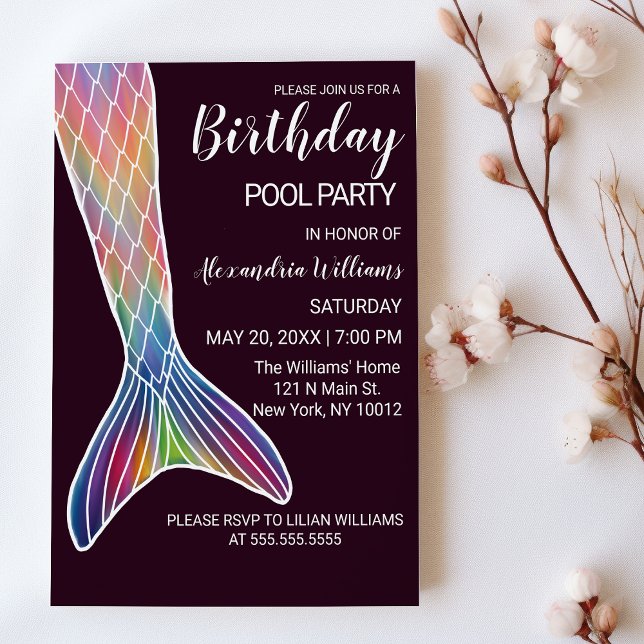 Burgundy Pink Purple Mermaid Tail Pool Birthday Invitation (Burgundy Pink Purple Mermaid Tail Pool Birthday)