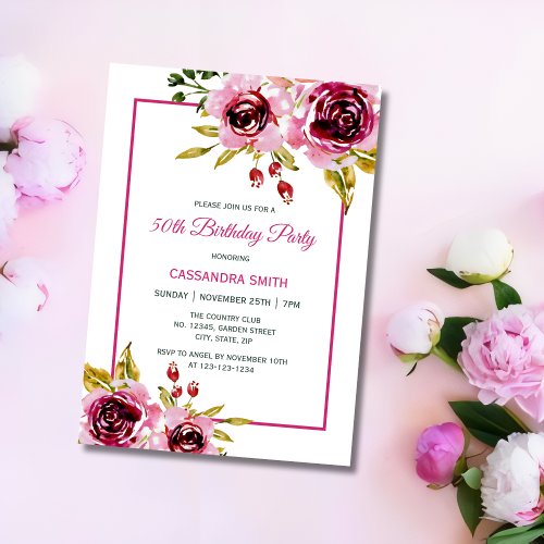 Burgundy Pink Purple Rose Rustic Floral Birthday  Invitation