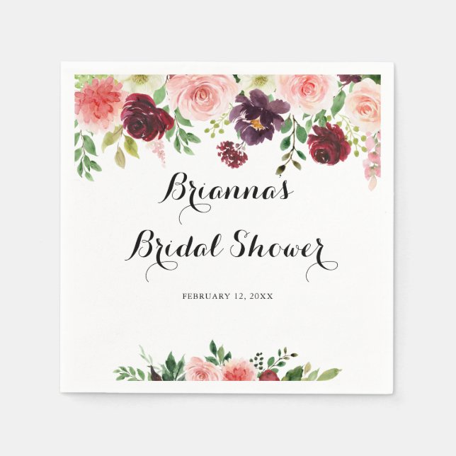Burgundy Pink Purple Spring Floral Bridal Shower Napkins (Front)