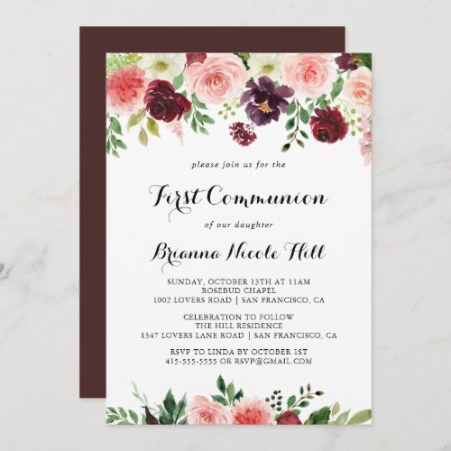 Burgundy Pink Purple Spring Floral First Communion Invitation