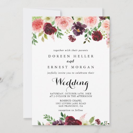 Burgundy Pink Purple Spring Front & Back Wedding Invitation | Zazzle