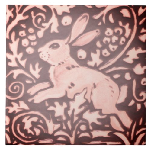 Burgundy Pink Rabbit Floral Foliage Woodland Decor Ceramic Tile