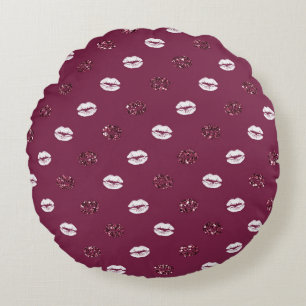 Burgundy Pink Red Glitter White Kisses Lips   Round Pillow