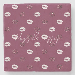 Burgundy Pink Red Glitter White Kisses Lips      Stone Coaster