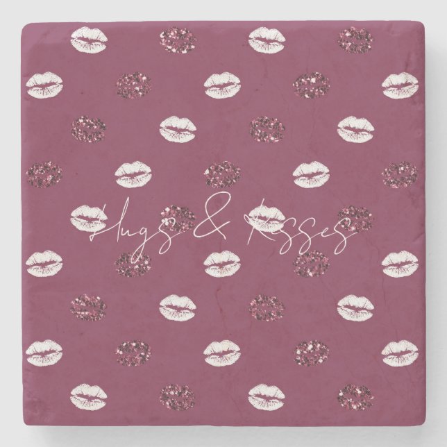 Burgundy Pink Red Glitter White Kisses Lips      Stone Coaster (Front)