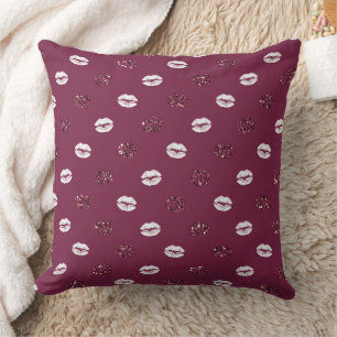 Burgundy Pink Red Glitter White Kisses Lips  Throw Pillow
