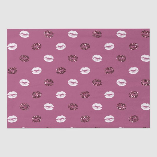 Burgundy Pink Red Glitter White Kisses Lips Tissue Paper (Front)