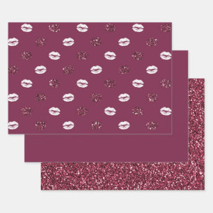 Burgundy Pink Red Glitter White Kisses Lips Wrapping Paper Sheets