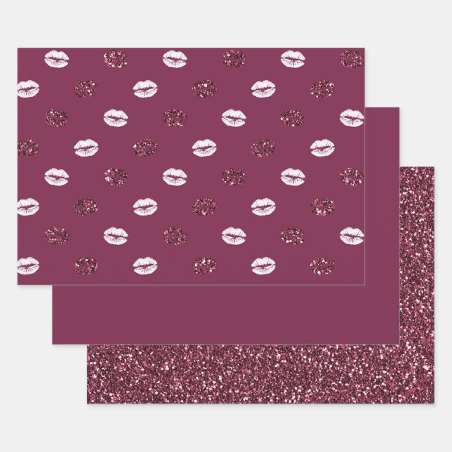 Burgundy Pink Red Glitter White Kisses Lips     Wrapping Paper Sheets (Set)