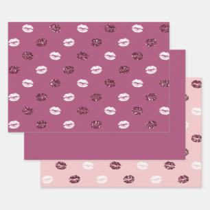 Burgundy Pink Red Glitter White Kisses Lips Wrapping Paper Sheets