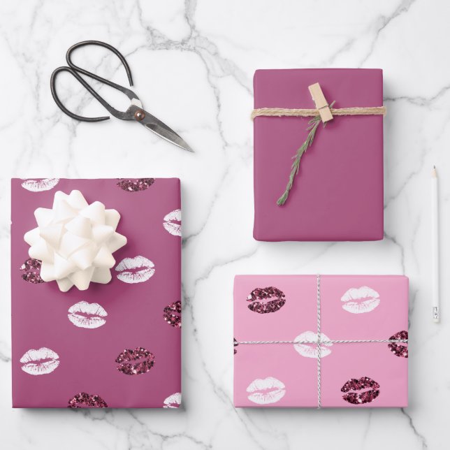 Burgundy Pink Red Glitter White Kisses Lips   Wrapping Paper Sheets (Front)