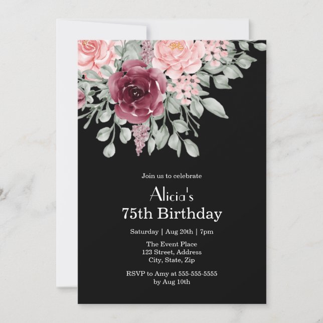 Burgundy Pink Rose Elegant Flora 75th Birthday Invitation (Front)