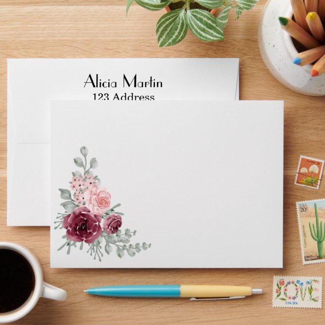 Burgundy Pink Rose Flora Black Birthday  Envelope (Desk)