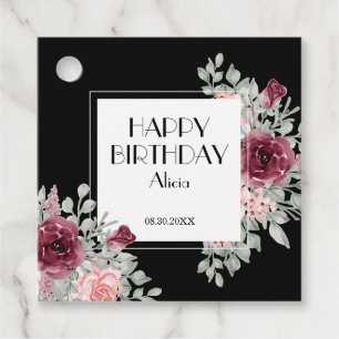 Burgundy Pink Rose Flora Black Happy Birthday Favor Tags