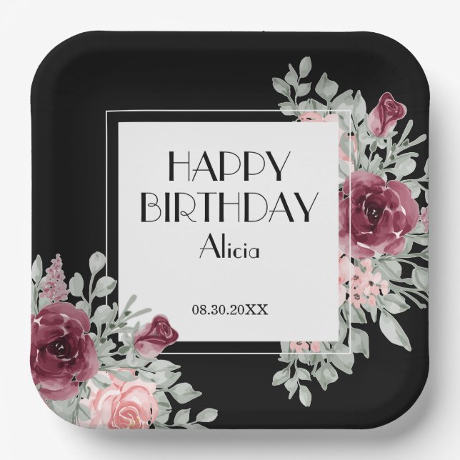 Burgundy Pink Rose Flora Black Happy Birthday Paper Plates (Front)