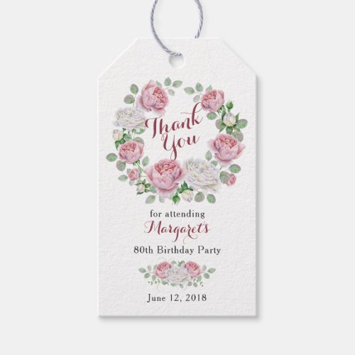 Burgundy Pink Rose Floral 80th Birthday Thank You Gift Tags
